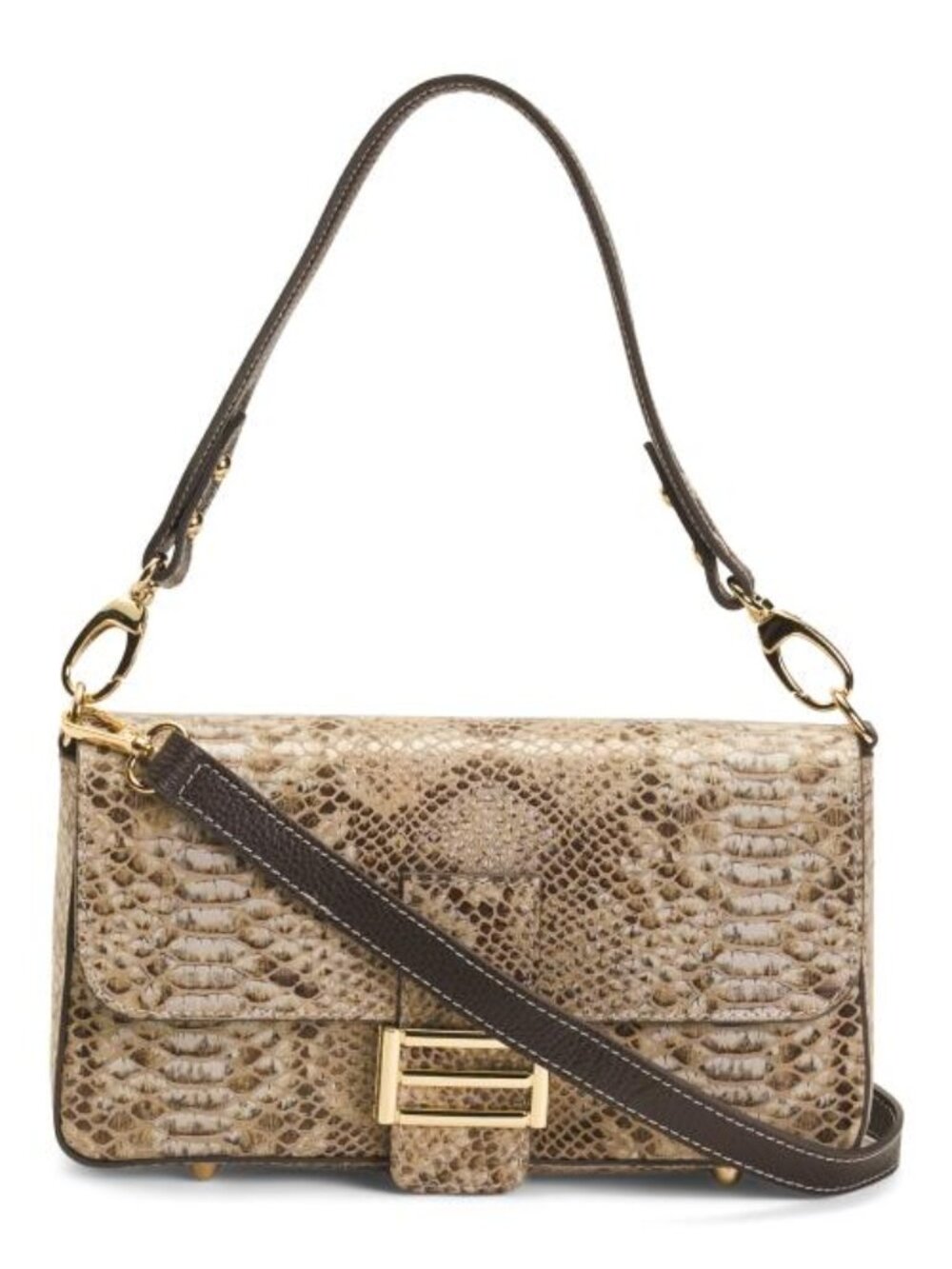 DIVINA FIRENZE Made In Italy Leather Snake Flap Over Baguette Crossbody